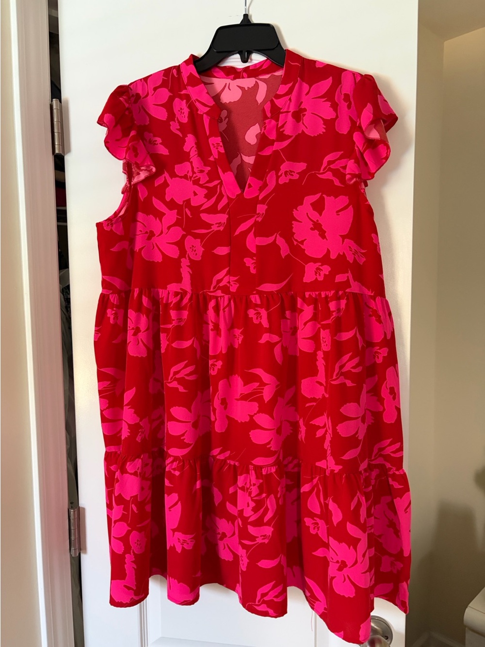 Bright Pink Floral V-Neck Tiered Mini Dress